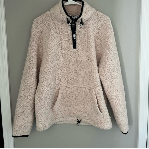 Victoria's Secret Pink Sweater Womens Light Pink Sherpa 1/4 Zip Pullover‎ - Picture 1 of 2